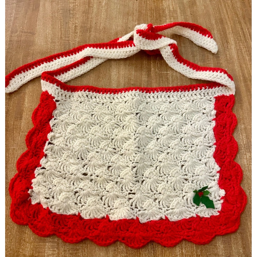 Vintage Handmade Crochet Christmas Half Apron White Red Shell Stitch Holly Berry